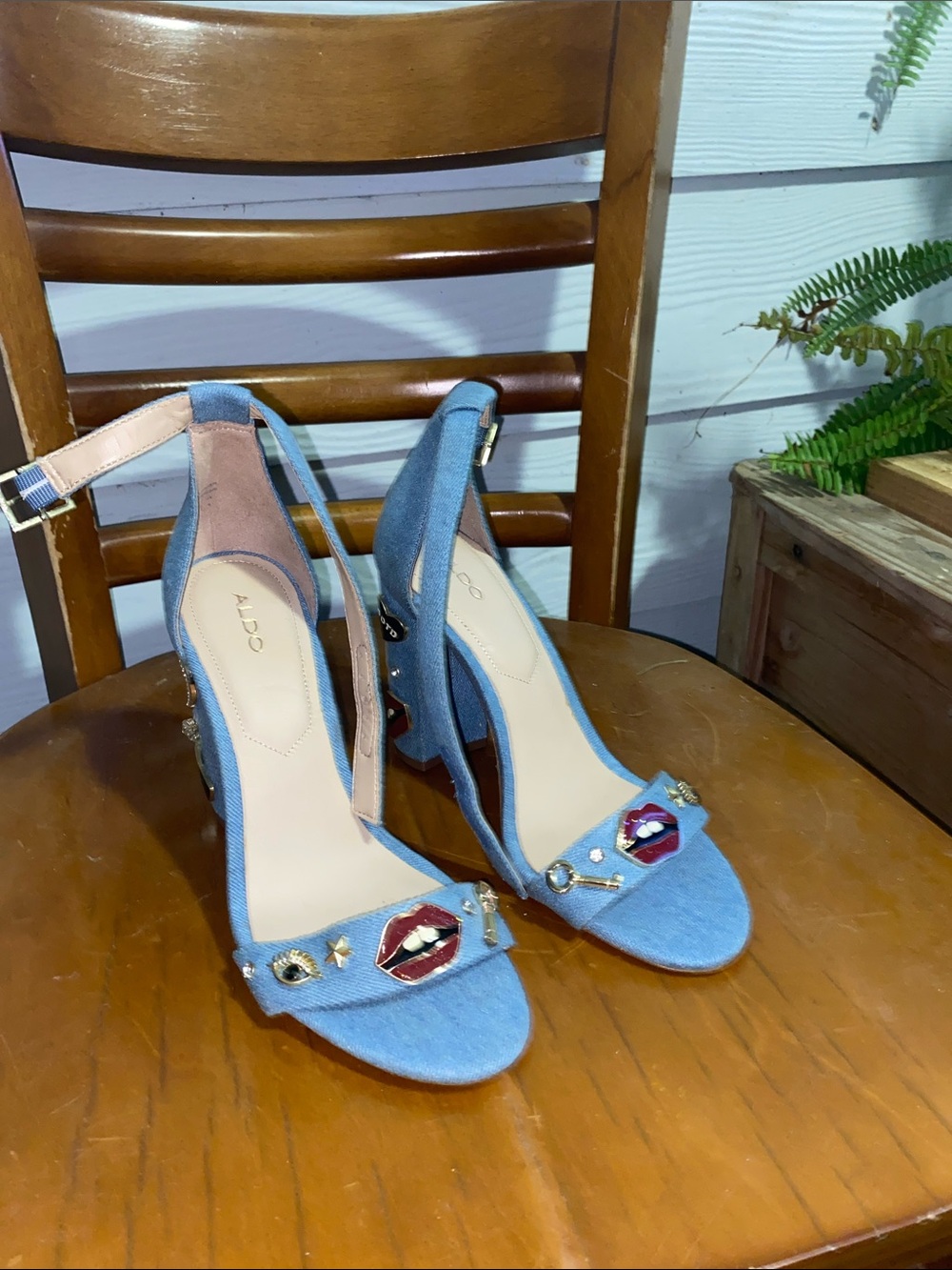 ALDO Denim Embellished Open-Toe Ankle-Strap Heels